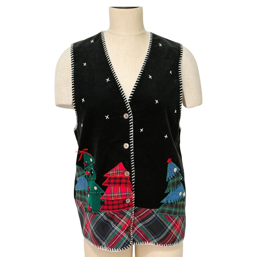 Susan Bristol Women's M Christmas Vest Black Corduroy Plaid Patchwork Trees